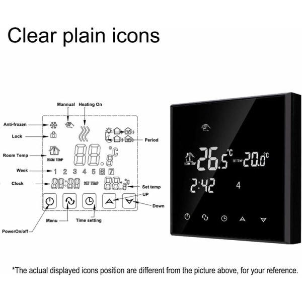 Programmerbar elektrisk termostat Smart digital rums termostat med glas pekskärm 230V 16A Svart