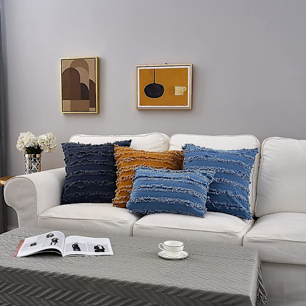 Blå Sofa Seng Pledd Putetrekk, Bomull og Lin Dekorative Putetrekk, 20 X 20 Tommer, Sett med 2
