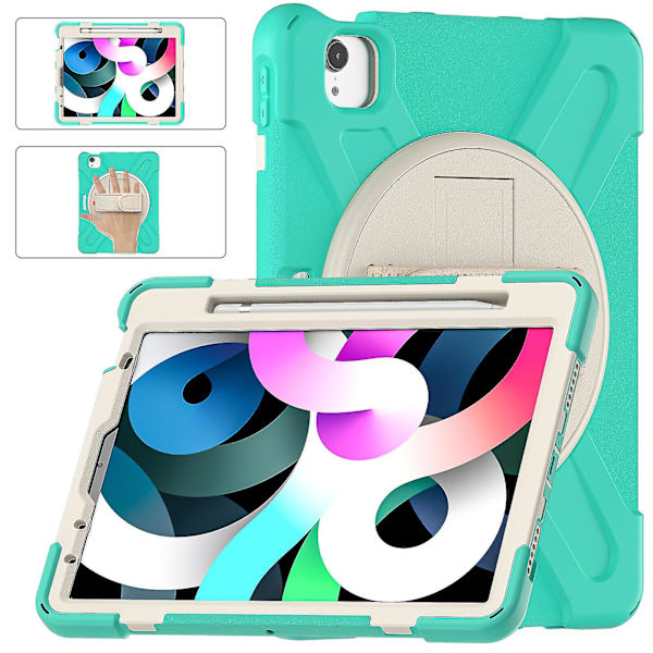 Nytt handrem-designfodral för iPad Air4 10,9 tum med justerbart stativ, pennhållare, fallskyddsskydd（Mintgrön）