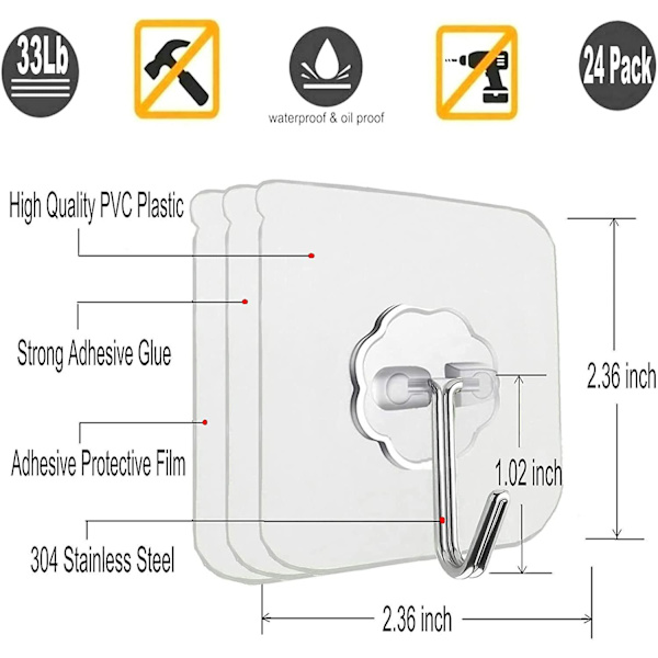 Väggkrokar för upphängning 33lb(Max) Heavy Duty Självhäftande krokar 24 Pack Transparent Vattentäta Klibbiga krokar för nycklar Badrum Dusch Utomhuskök D