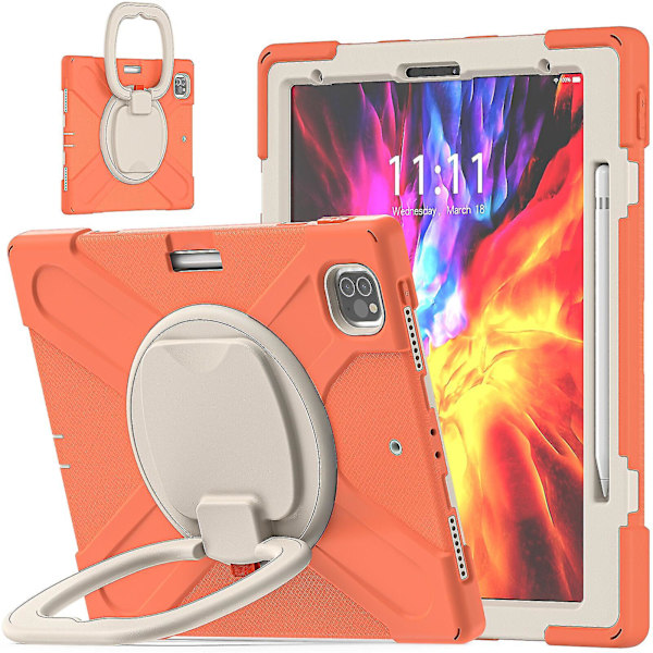 Nytt fodral för iPad Pro 12,9 tum 2021 med roterande stativ, stöttåligt, kameraskydd, pennhållare (korallorange)