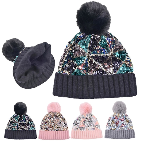 Bling Bling-mössa med paljetter och plyschboll - höst och vinter - vindtät och varm mössa för utomhusbruk (svart)
