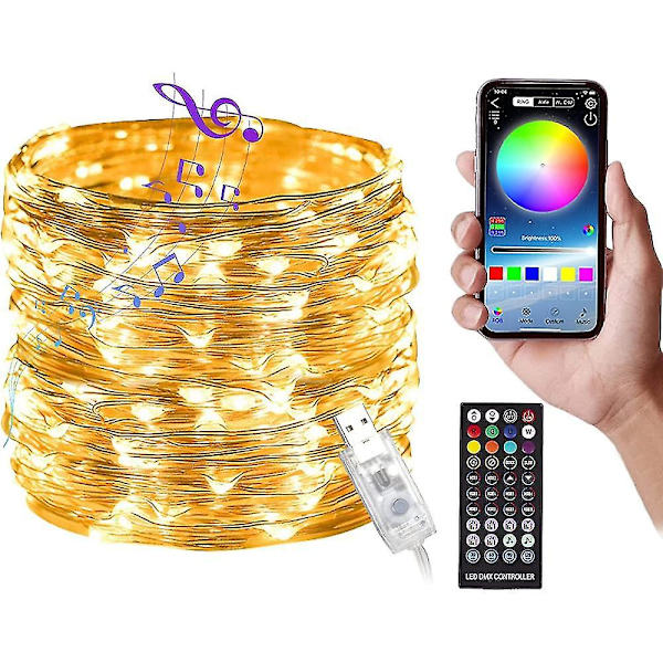 Ljusslinga med kontakt, LED-ljusslinga med RGB-färgväxlande blinkande lampor med Bluetooth-fjärrkontroll, appstyrda ljusslingor