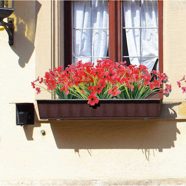 12 buketter kunstige blomster utendørs UV-beskyttelse falske blomster fargeekte plastplanter hage veranda dekorasjon (mørkerød)