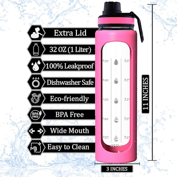 32 oz glasflaska med tidsmarkörpåminnelse, 1 liters glasdrickflaska, BPA-fri, (rosa hylsa)