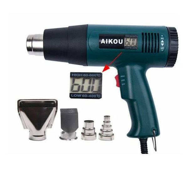 BF varmluftspistol, varmluftspistol 1800 W, LCD-display, temperatur 60 till 600 grader Celsius, snabb uppvärmning, luftflöde 300 till 550 l/min + 4 munstycken