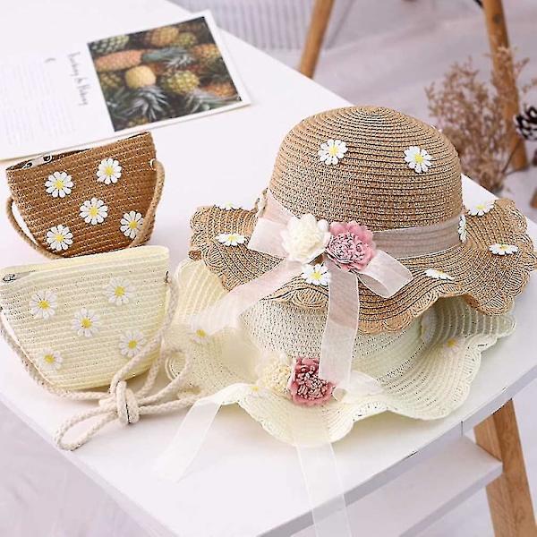 Mdchen Daisy Solhatt Halmhatt Med Axelremsväska Set Sommar Blomma Strandhatt Vågig Bred Solskyddhatt Mössa Mössa För Barn Småbarn Baby