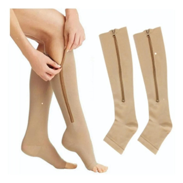 20241 Par Glidelås Kompresjonsstrømper Nylon Material Myk Komfortabel Pustende Elastisk Åpen Tå Kompresjonsstrømper for Daglig Hudfarge S/M