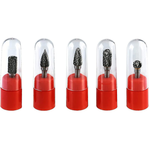 5-pack 6 mm skaft volframkarbidborrar 8 mm huvud dubbelskuren volframkarbid roterande borr set för metall trägravering keramisk polering