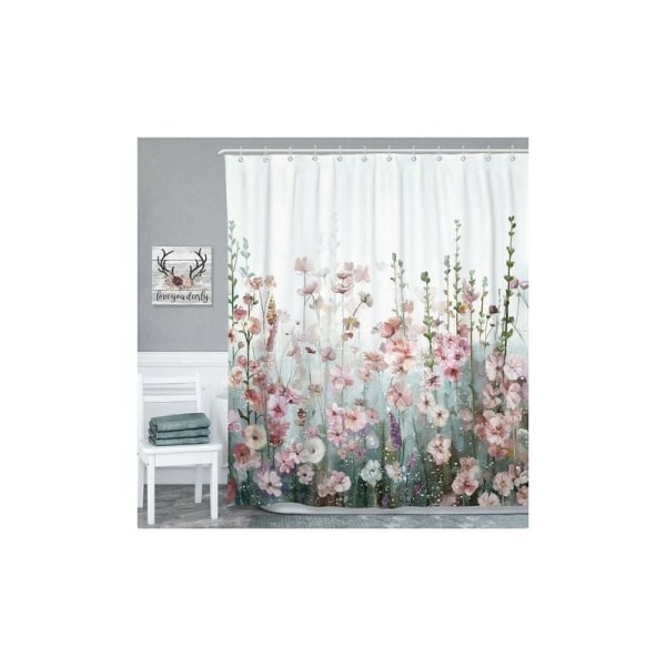 Färgglad fyrkantig duschdraperi för badrum - Modern - Dekorativ - Rosa blommor - Flerfärgad - Polyester - Vattentät - 180x180cm