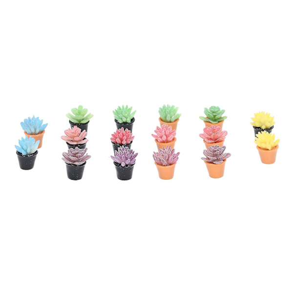 16 stk. dukkehuspotteplanter i harpiks, 1:12 skala, naturtro utseende, levende, rike farger, miniatyrplanter for 1:12 dukkehus