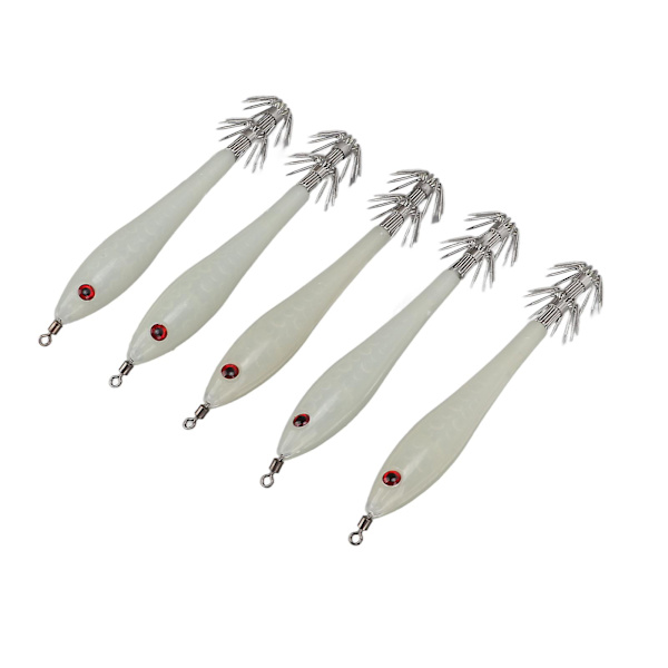 5PCS Hård Fiske Lure Simulering Bläckfisk Falsk Bete Krokar Artificiell Bläckfisk Dubbelkrok JigLuminous Vit