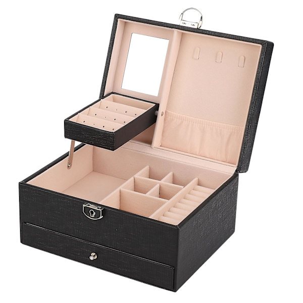 Husholdnings Smykke Opbevaringsboks Vandtæt PU Læder Smykke Etui Dobbelt Lag Opdeling Stor Kapacitet Ornament Organizer Sort