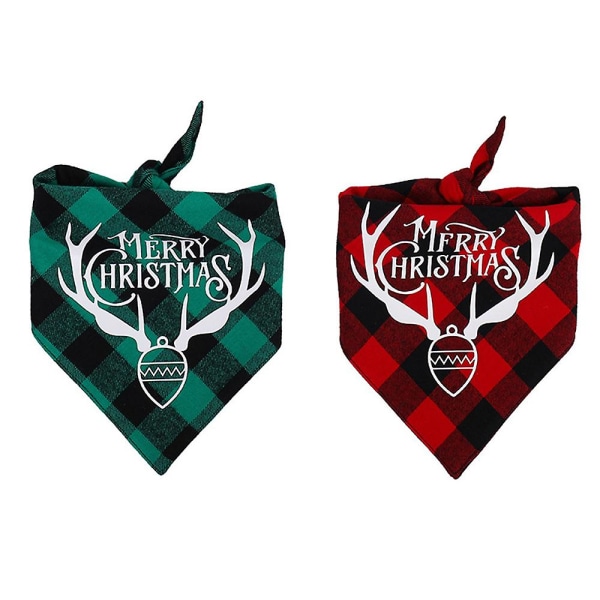 2-pack julsnusnäsdukar för hundar - Triangel Merry Christmas Printing Pläd Pet Scarf Haklappar Tullduk GrönSvart RödSvarta horn