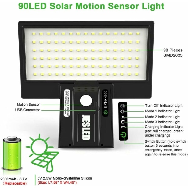 Solcellslampa utomhus, 2600 mAh rörelsesensor utomhus solcellslampa vattentät trådlös säkerhetslampa vägglampa för trädgård. Utbytbar batteri