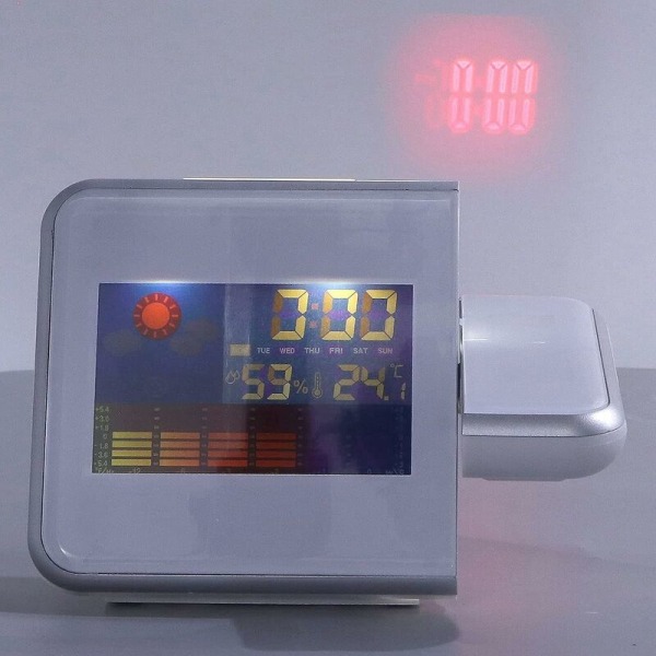 Digital Projektionsväckarklocka med temperaturhygrometer Tid Datum LCD-display Klocka - med USB-kabel Vit