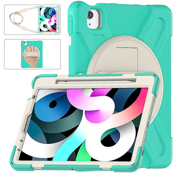 Nytt håndstroppdesign deksel for Ipad Air4 10,9 tommer med skulderstropp, justerbart stativ, pennholder, fallbeskyttelsesdeksel（Mintgrønn）