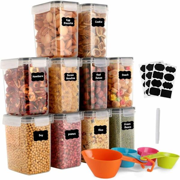 1,6L förvaringsburkar 10 set, lufttäta plastförvaringslådor med lock, förvaringsburkar för förvaring av pasta, flingor, ris, mjöl och husdjursmat (svart)