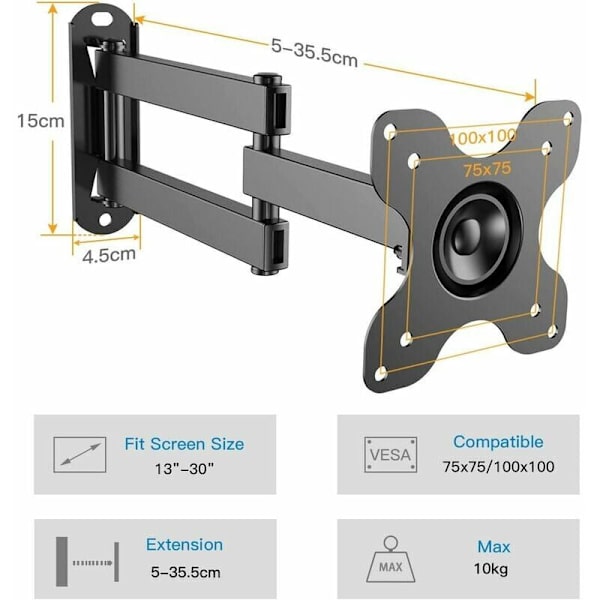 TV-väggfäste för 13-30 tums TV - Lutning, vridning och 35 cm förlängning - Lämplig för platta och böjda TV-apparater upp till 10 kg - VESA 100 x 100 / 75 x 75 mm