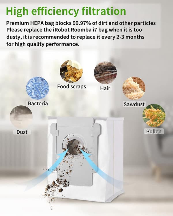 12-pakning kompatible erstatningsposer for Irobot I7 I7+ / I7 Plus E5 E6 E7 S9, støvsugertilbehør for Roomba I7, for Clean Basic støvsuger