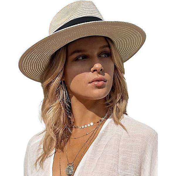 Dames Panama Solhat Justerbar Dame Strand Solhat Bred Skygge Havehatte Sommer Fedora Trilby Hattebeige（beige）