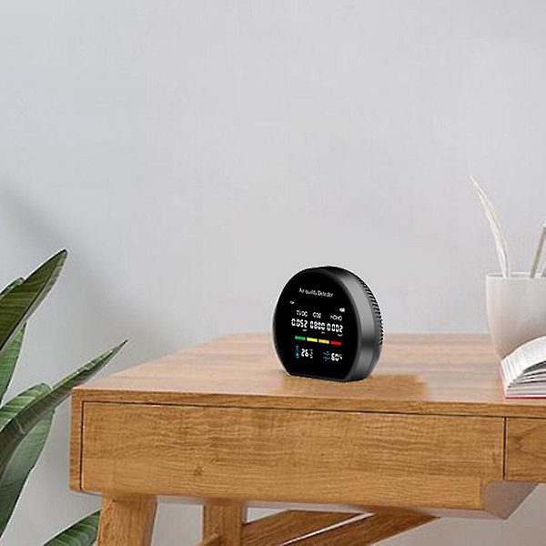 Luftkvalitetsmonitor inomhus, exakt lufttestare, detektor Co2 Hcho Tvoc temperaturfuktighetsanalysator larm på/av (svart)