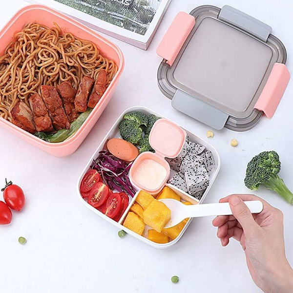 Lunchlåda med tunna fack för vuxna/barn Hållbar Bento Box Lunchlåda Sallad Mikrovågsugnslåda Skola/Arbete/Picknickresa (Rosa)