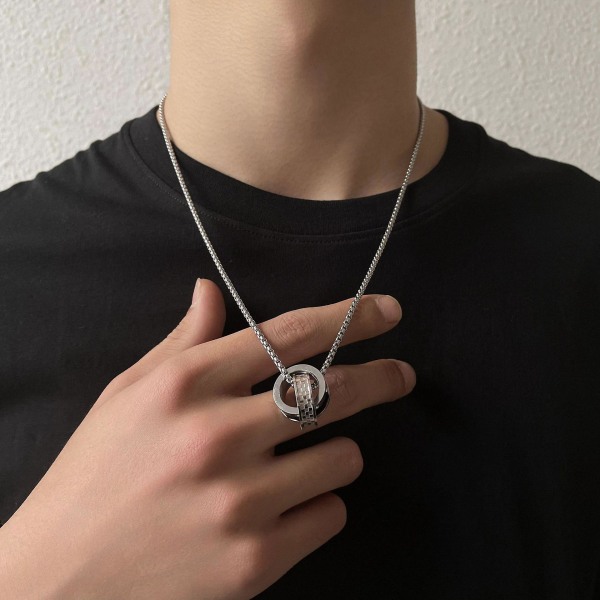 Hip Hop Enkel Titanium Stål Dobbelt Ring Spænde Halskæde