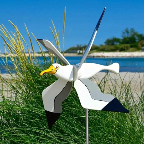 Trädgårdsresin väderkvarn Vit mås spinnande vingar Djurväderflöjel 3D vindspinnare dekoration för gräsmatta