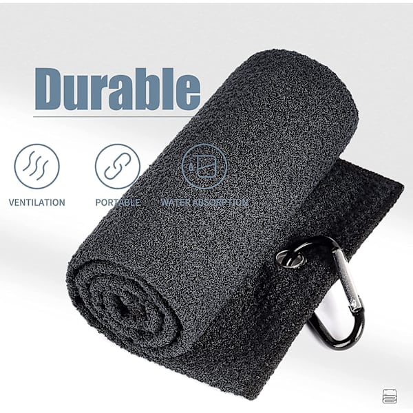 Mikrofiber våffelmönstrad tri-fold golfhandduk | Borste verktygssats med klubbslitsrengörare, infällbar förlängningssladd och klämma, svart