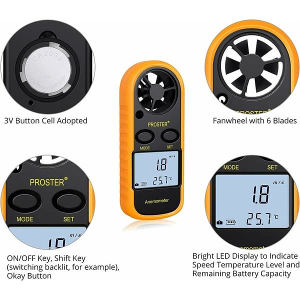 LCD Digital Anemometer, Vindhastighetsmätare, Luftflödesmätare Display, Bakgrundsbelyst Termometer