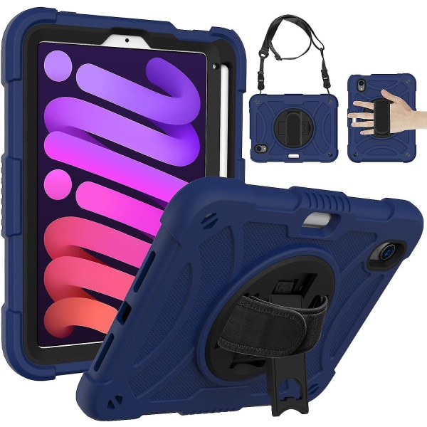 Värikäs case Ipad Mini 6:lle, jossa olkahihna, käsihihna, säädettävä jalusta, cover(laivastonsininen)