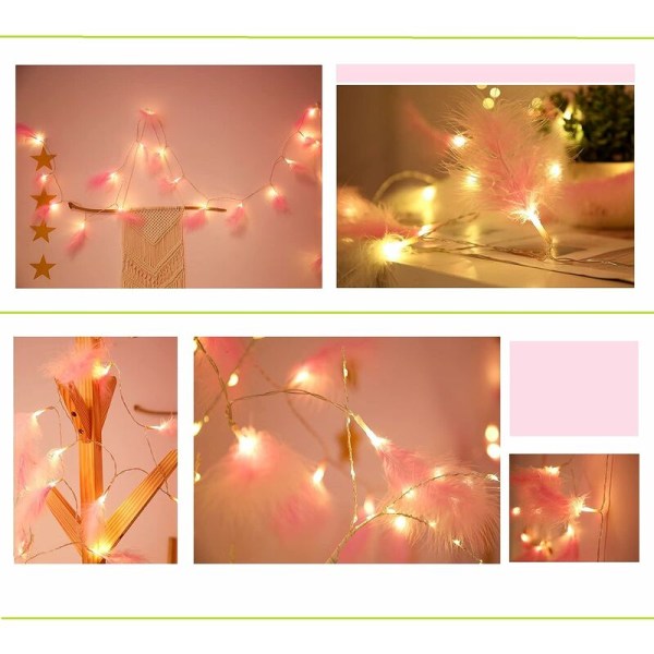 MODOU - 2,2 m 20 LED konstgjorda fjäder ljusslingor jul bröllop födelsedag trädgård sovrum inomhus väggdekoration varmvit (rosa)