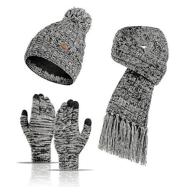 Dammössa Halsduk Pekskärmhandskar Set Med Pompom Svart