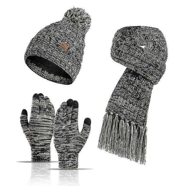 Women's Beanie Hat Scarf Touch Screen Glove Set With Pompom Black