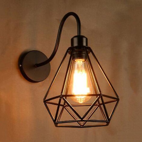 Sæt med 2 sorte væglamper i jern med diamantform, smedet burformet lysekrone, industriel retrolampe E27 til køkken, gang, restaurant, bar