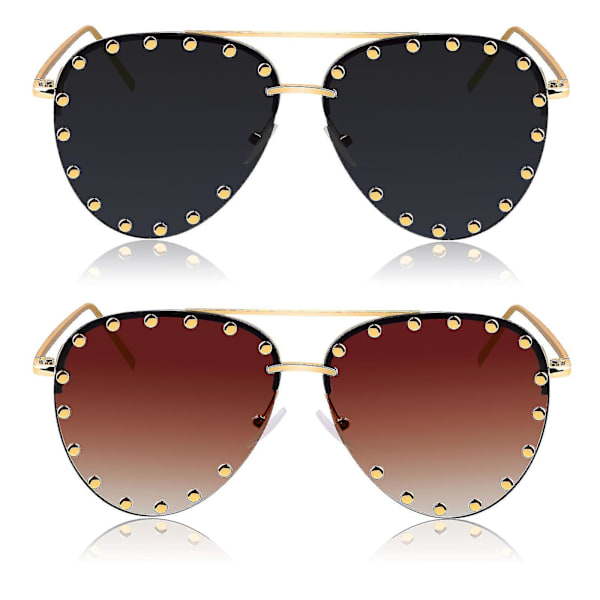 2 stk. Kvinde Rimless Oversized Studded Solbriller Gradient Linse Nitte Mode