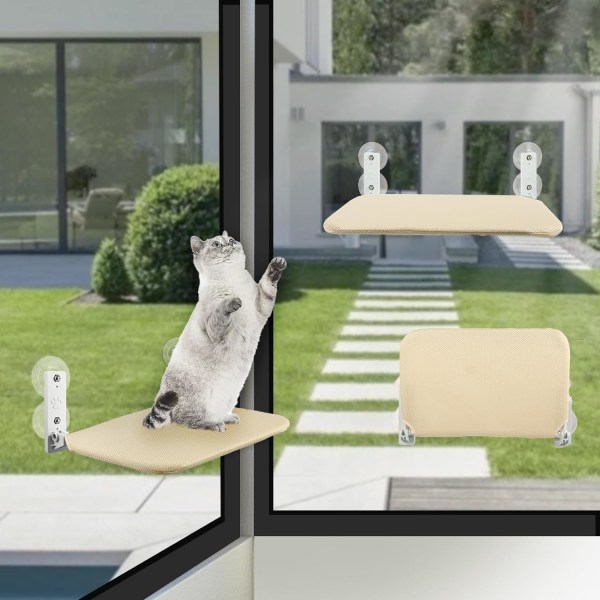 Sladdlös kattfönsterhängmatta med 4 starka sugkoppar för inomhuskatter, enkel montering och hopfällbar, beige kattfönsterhylla