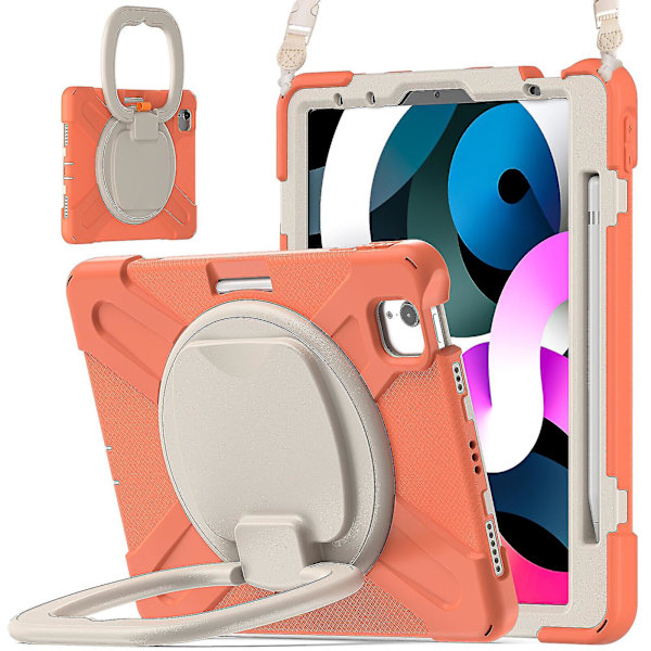 Nytt fodral för iPad Air4 10,9 tum med axelrem, roterande stativ, pennhållare (korallorange)