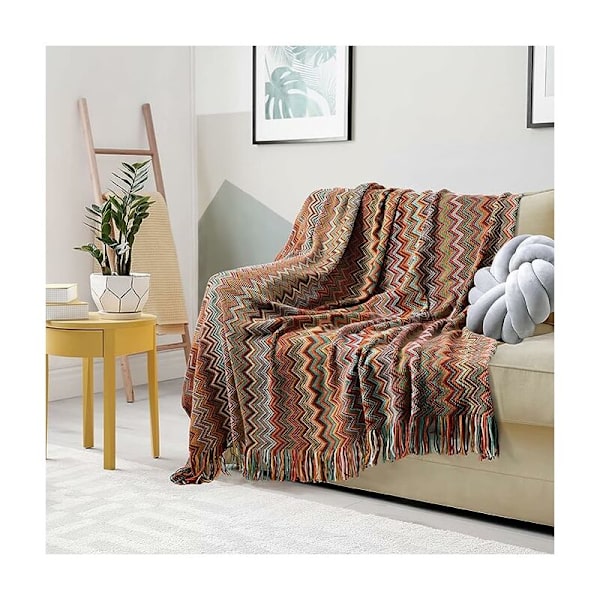 Bohemisk fransad filt, stickad sofffilt för vardagsrum 130x170cm (röd)