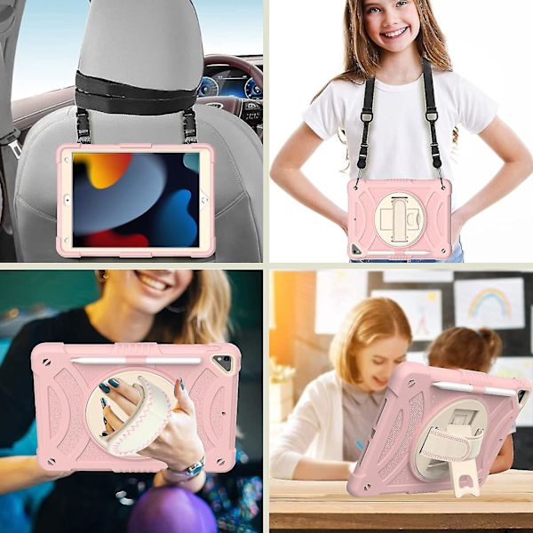 Färgglatt fodral för iPad 10,2 tum 2019 2020 med axelrem, handrem, justerbart stativ, fallskyddsskydd (rosa)