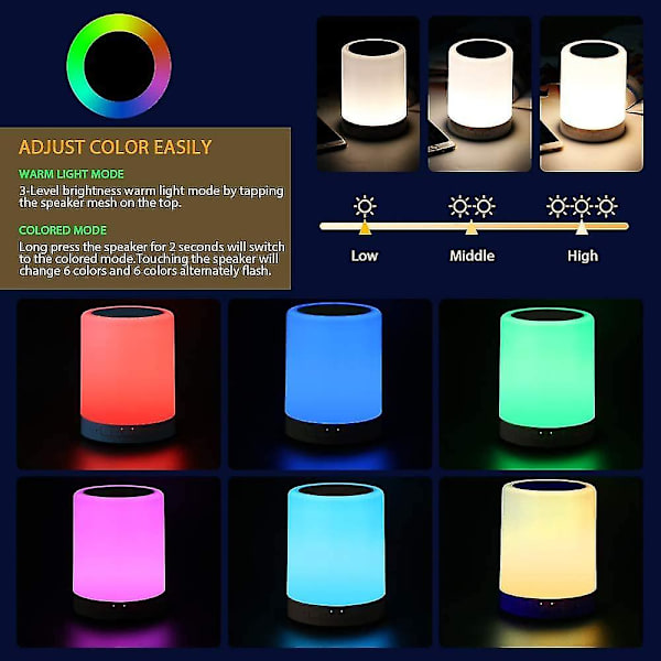Bluetooth-høyttalerlampe, nattbordslampe med berøringssensor nattlys med FM-radiovekkerklokke, di