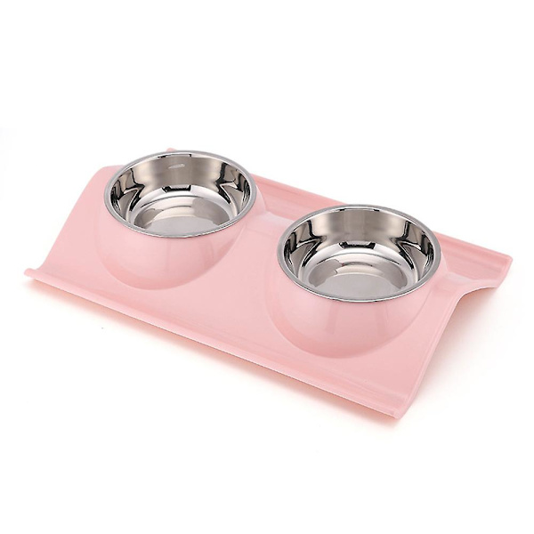 Hunde- og katteskåle i rustfrit stål, dobbeltskåle til kæledyr, chassis uden spild, mad- og vandautomat til katte og små hunde (pink)