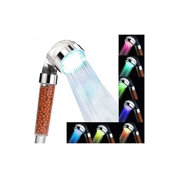 Duschhuvud anti-kalk, vattenbesparande tryck LED-duschhuvud med 7 växlande färger, transparent handdusch med jonfilter och sten för spa