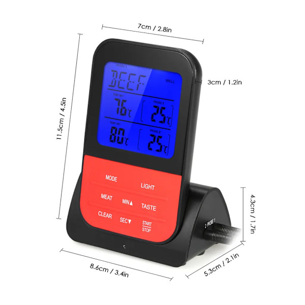 Trådlös digital BBQ-kötttermometer omedelbar bakgrundsbelyst LCD-matlagningstemperaturmätare med matlagningstimer Dubbel sond