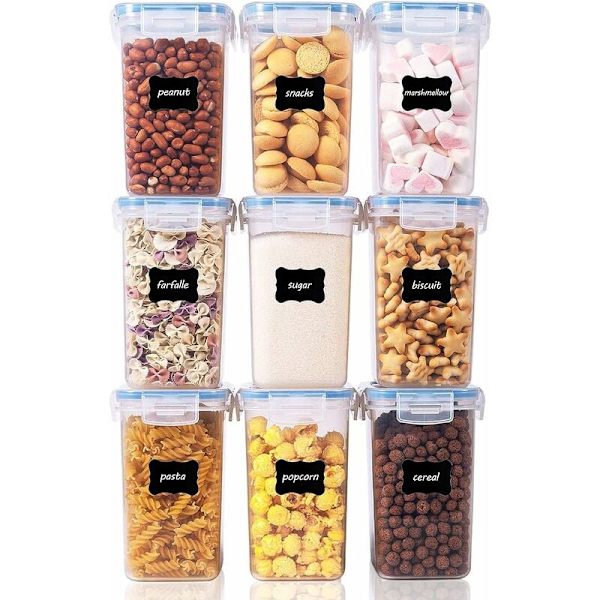 1,6L förvaringsburk set, stora spannmålsburkar och matförvaringsburkar, lufttäta plastförvaringsburkar, 9 delar, 24 etiketter för spannmål, mjöl, socker etc. (Blå)