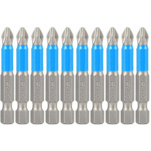 10 st/set S2 halkfria skruvmejselbits magnetiska Phillips-bits solida legering stål PH2 x 50 mm sexkantskaft slagtåliga skruvmejselbits slagdrivare