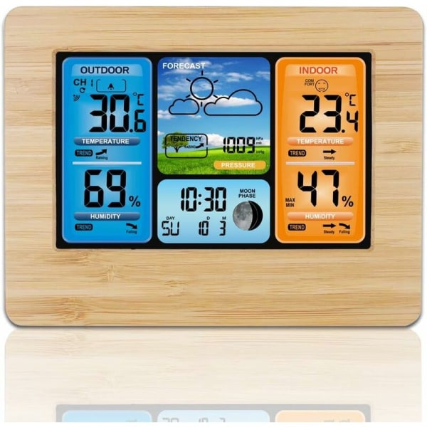 Väderstation med utomhussensor, termometer, hygrometer, inomhus- och utomhusradioväderstation °C/°F, datum, helg, månfaser, dagligt alarm