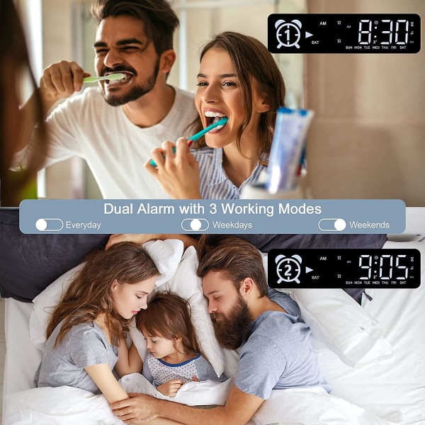Digital väckarklocka med 2 väckarklockor, LED digital spegelklocka med 8 ljuslägen, snooze, sömnstöd, timer, elektronisk väckarklocka med kontinuerlig