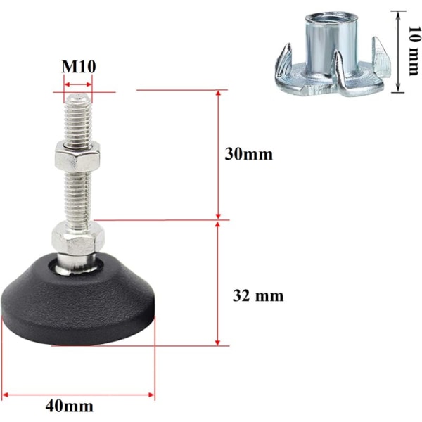Justerbara ben, 4 st robusta justerbara fötter i rostfritt stål M10 x 30 mm halkfria vinkeljusteringsskruvar med T-spår för möbler